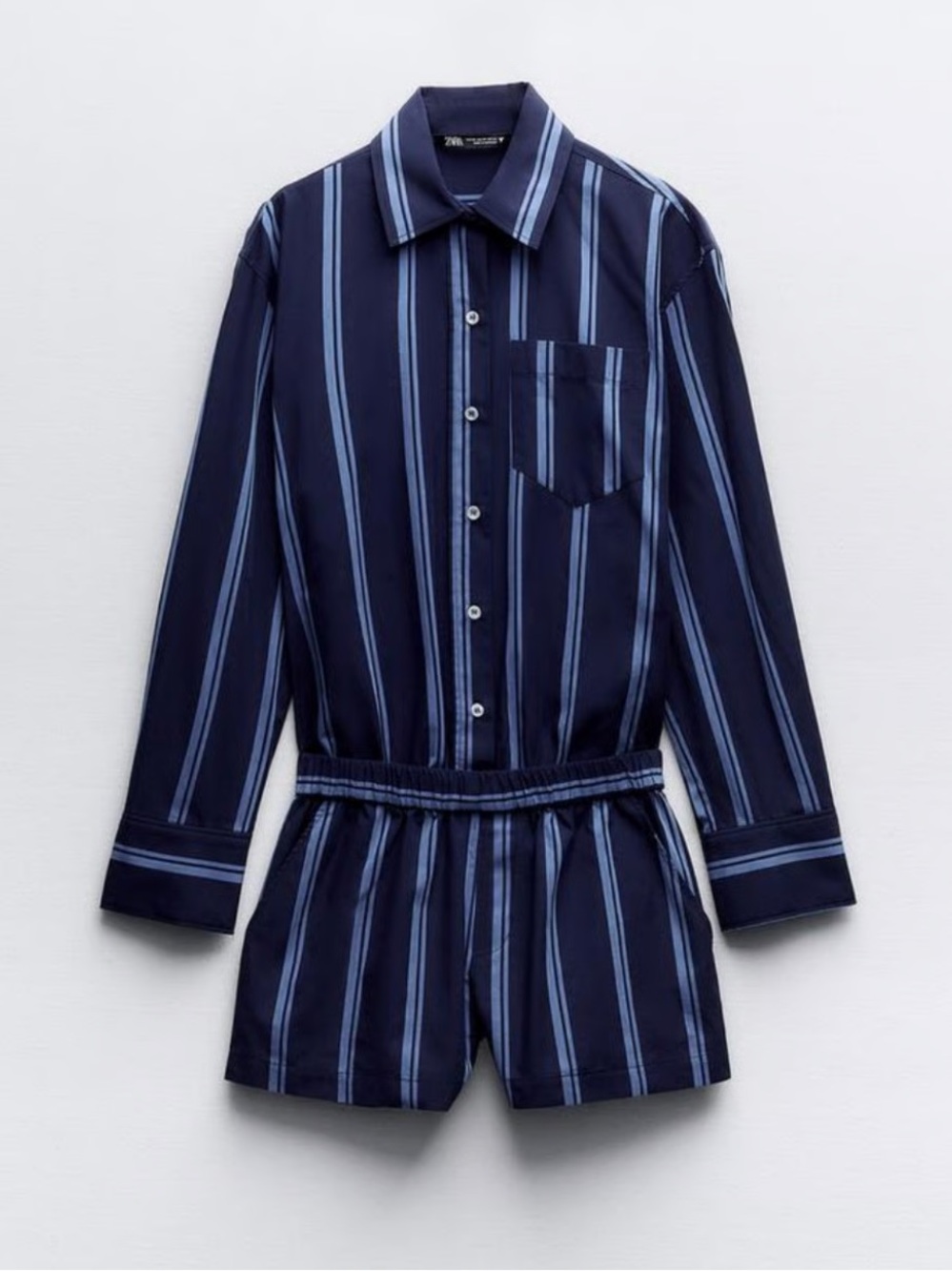 Zara Navy and Light Blue Striped Shirt Romper
